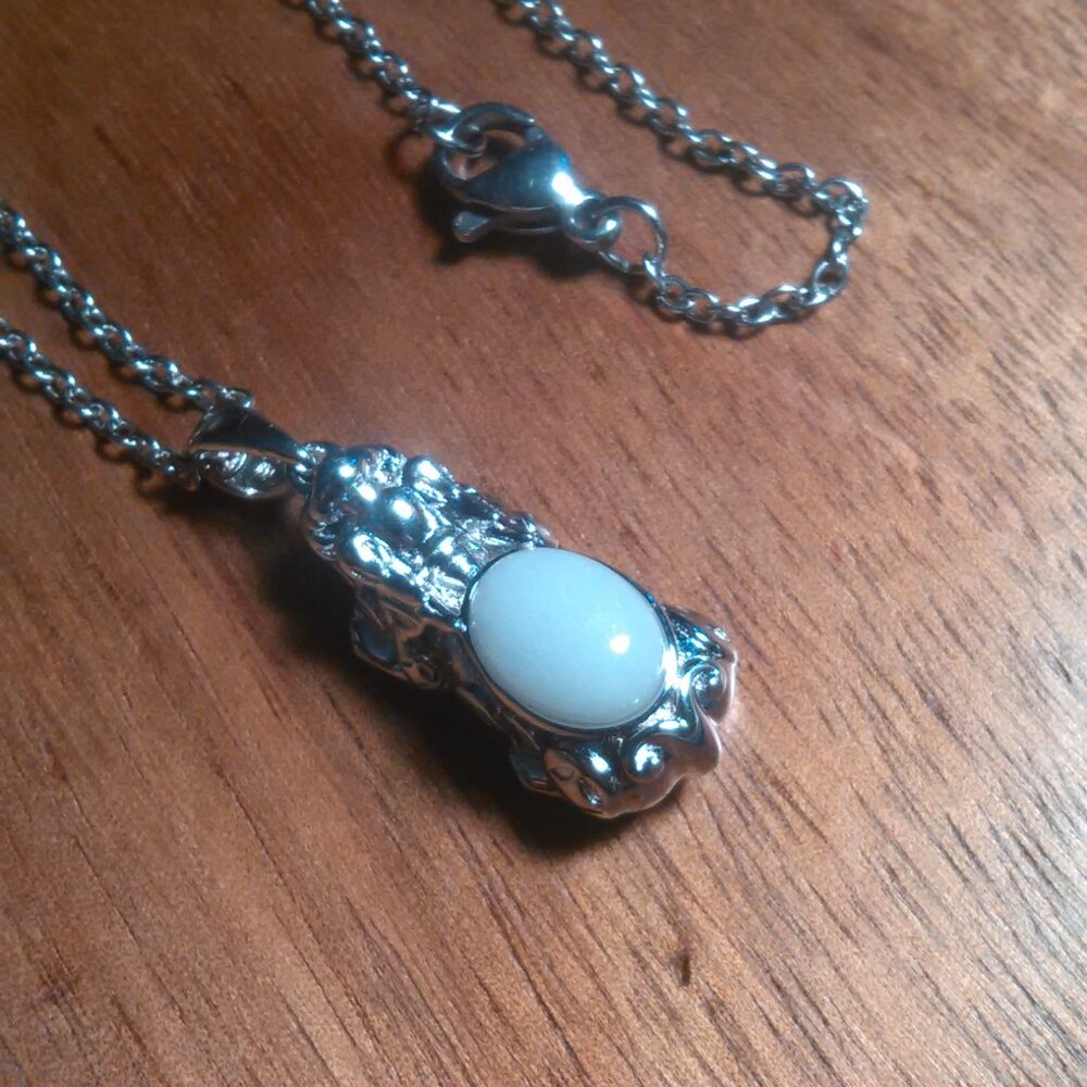Natural White Jade Sterling Silver Dragon Pendant Stainless Steel Necklace